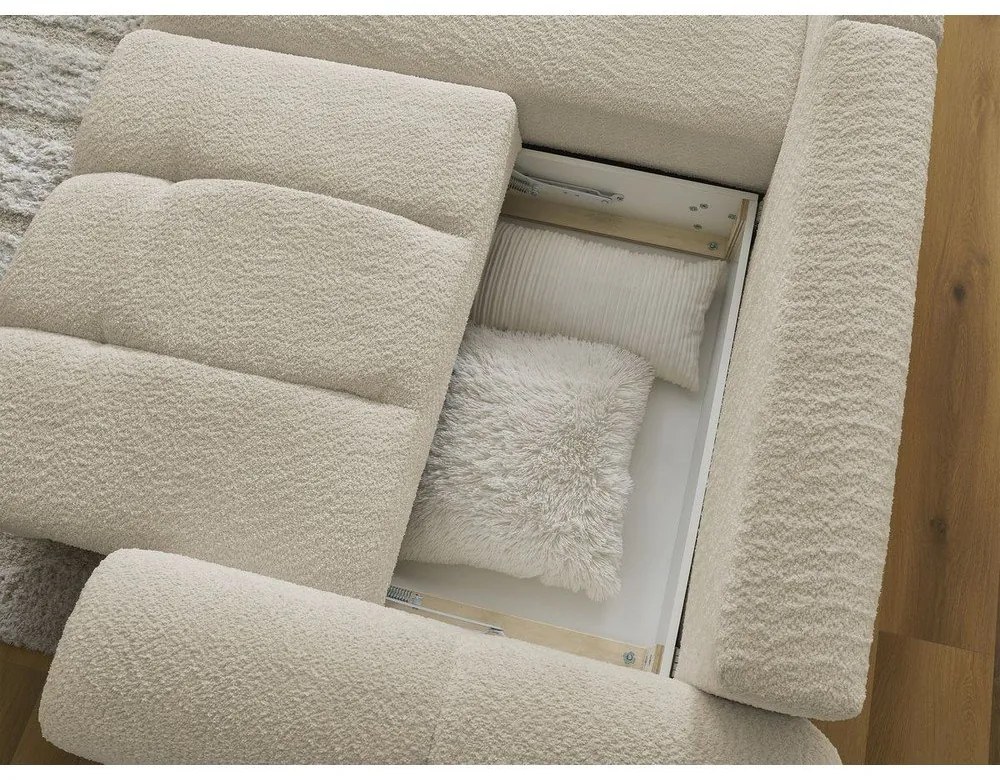 Bézs buklé kinyitható-tárolóhelyes sarokkanapé (bal oldali-heverő résszel) Roxelane – Bobochic Paris