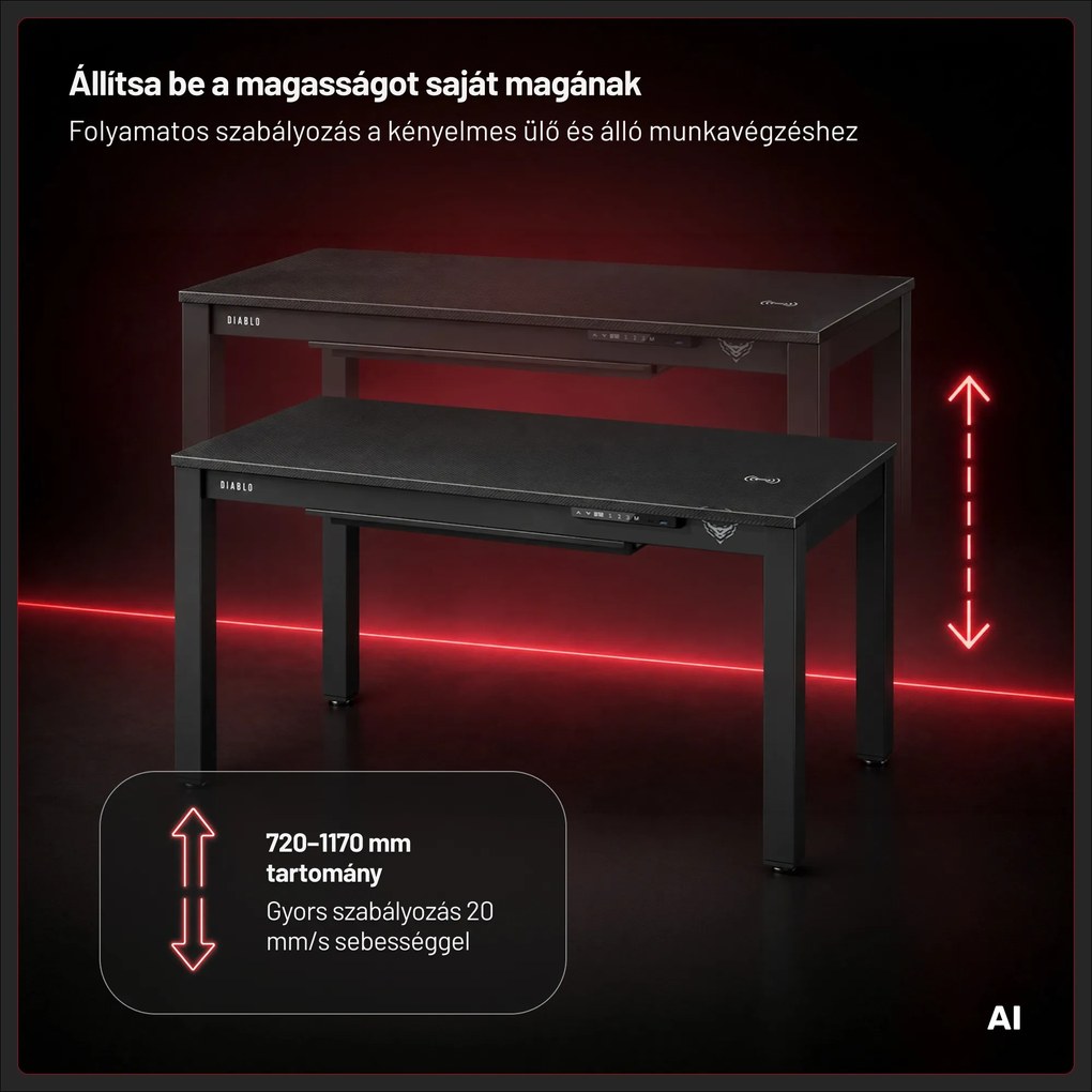 Gamer íróasztal elektromosan állítható, beépített vezeték nélküli QI töltő és USB: Diablo X-RIFT fekete