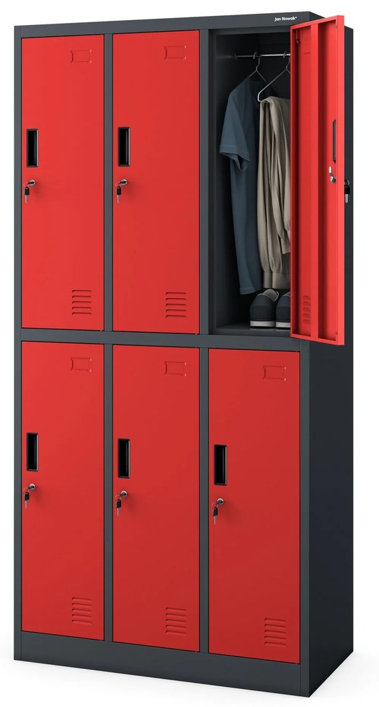 Fém öltözőszekrény 6 rekeszes IGOR, 900 x 1850 x 450 mm, antracit-piros