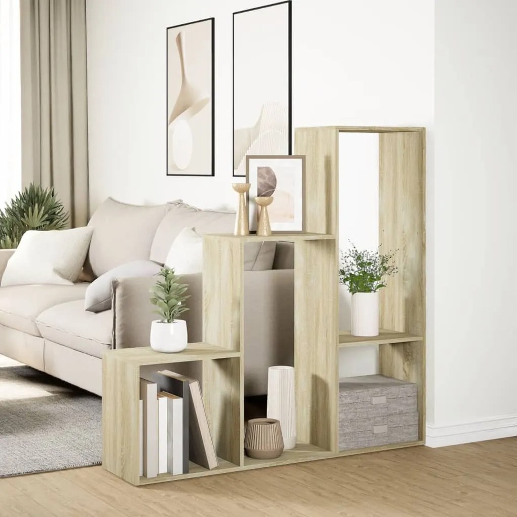 3 szintes sonoma tölgy fa elválasztó könyvespolc 123x29x123 cm