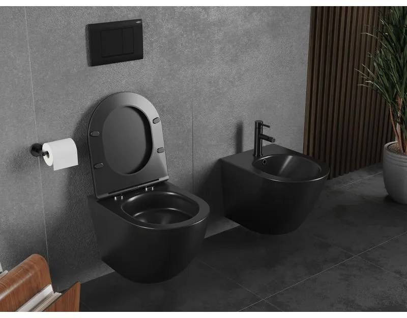 Mexen Lena, falra akasztható wc csésze 490x360x340 mm, Perem nélküli Tornado + duroplast wc ülőke, matt fekete, 30221085T