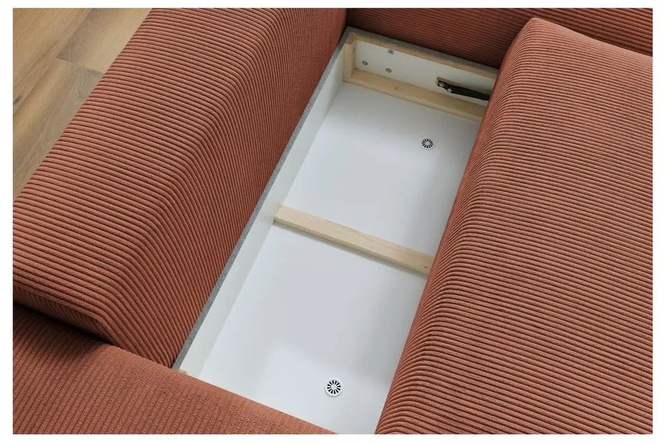 Terrakotta színű kordbársony kinyitható-tárolóhelyes sarokkanapé Voltaire – Bobochic Paris