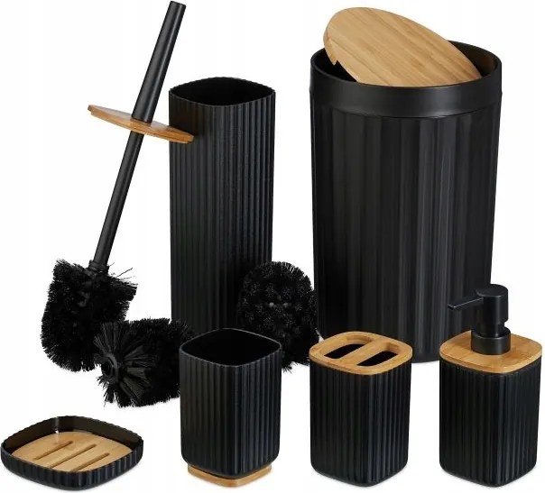 6 részes fekete fürdőszoba szett bambusz részletekkel