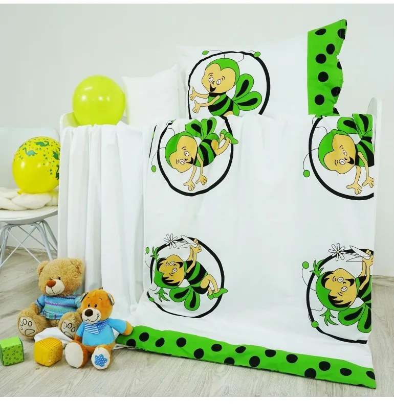 EMI zöld-fehér méhecskés pamut gyermek ágyneműhuzat, A standard egyszemélyes ágy szett tartalma: 1x 140x200 + 1x 70x90