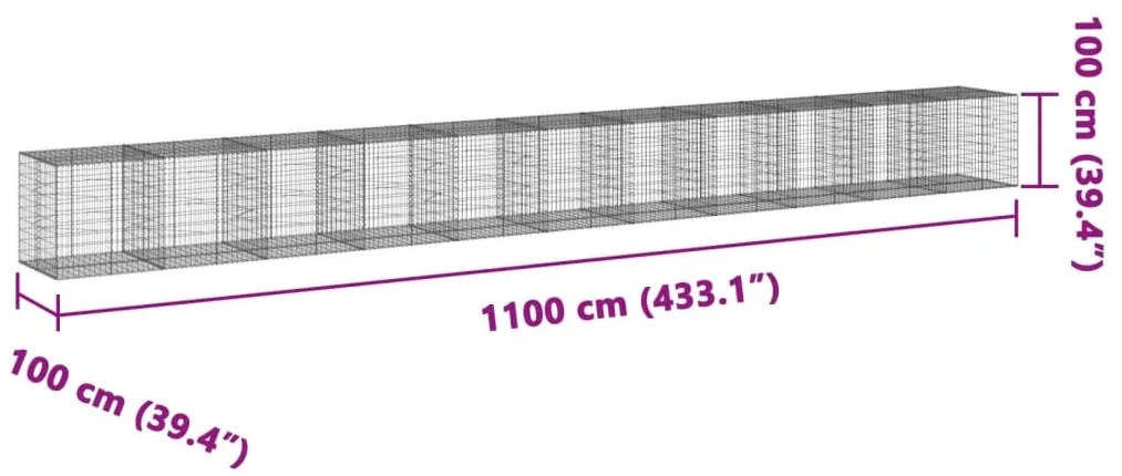 horganyzott vas gabion kosár fedéllel 1100 x 100 x 100 cm