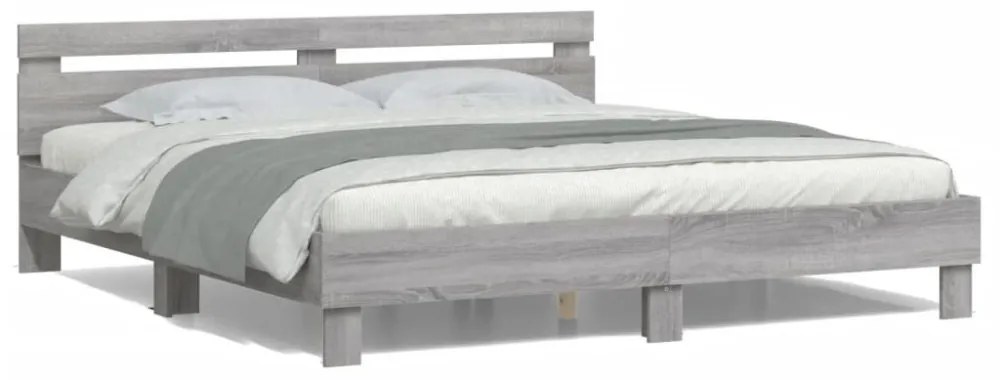 szürke sonoma színű ágykeret fejtámlával és LED-del 200x200 cm