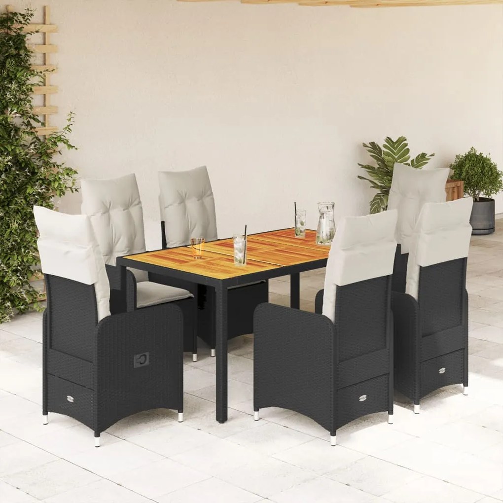 7 részes fekete polyrattan kerti bisztrógarnitúra párnákkal