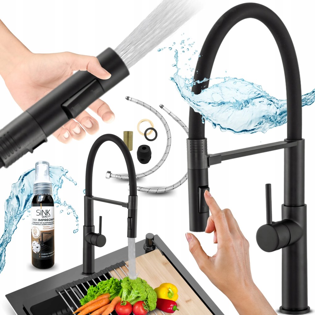 Konyhai csaptelep Fekete Flexibilis KIfolyócsővel Magas mosogató csaptelep