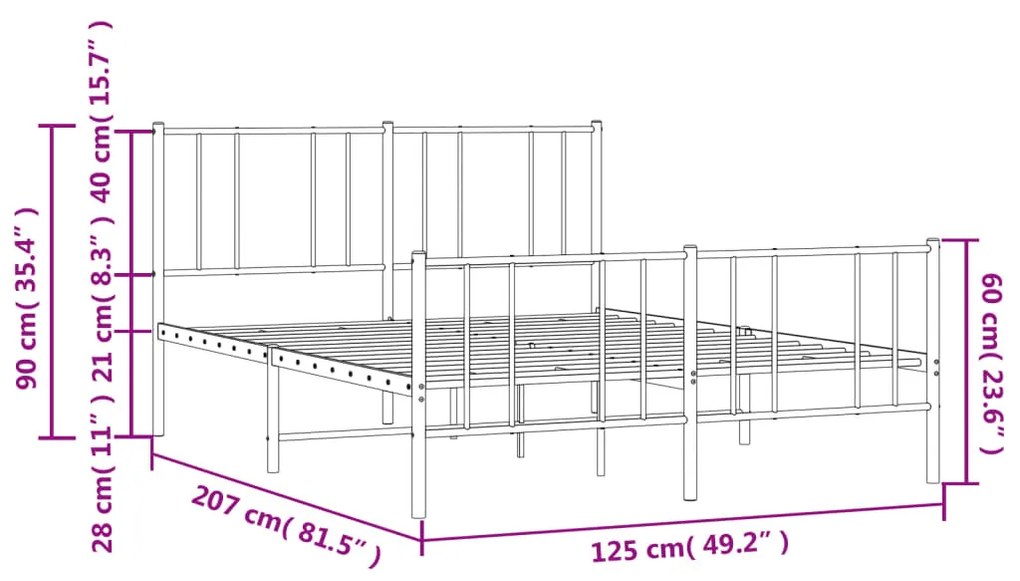 fekete fém ágykeret fej- és lábtámlával 120 x 200 cm