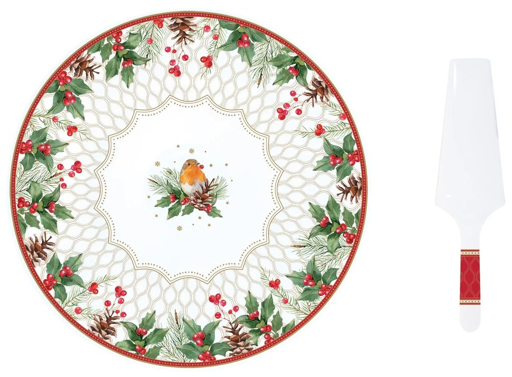 Karácsonyi porcelán tortatál lapáttal Christmas Berries