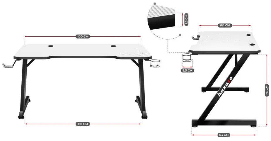 Gamer asztal fejhallgató és pohártartó fehér 120 cm x 60 cm