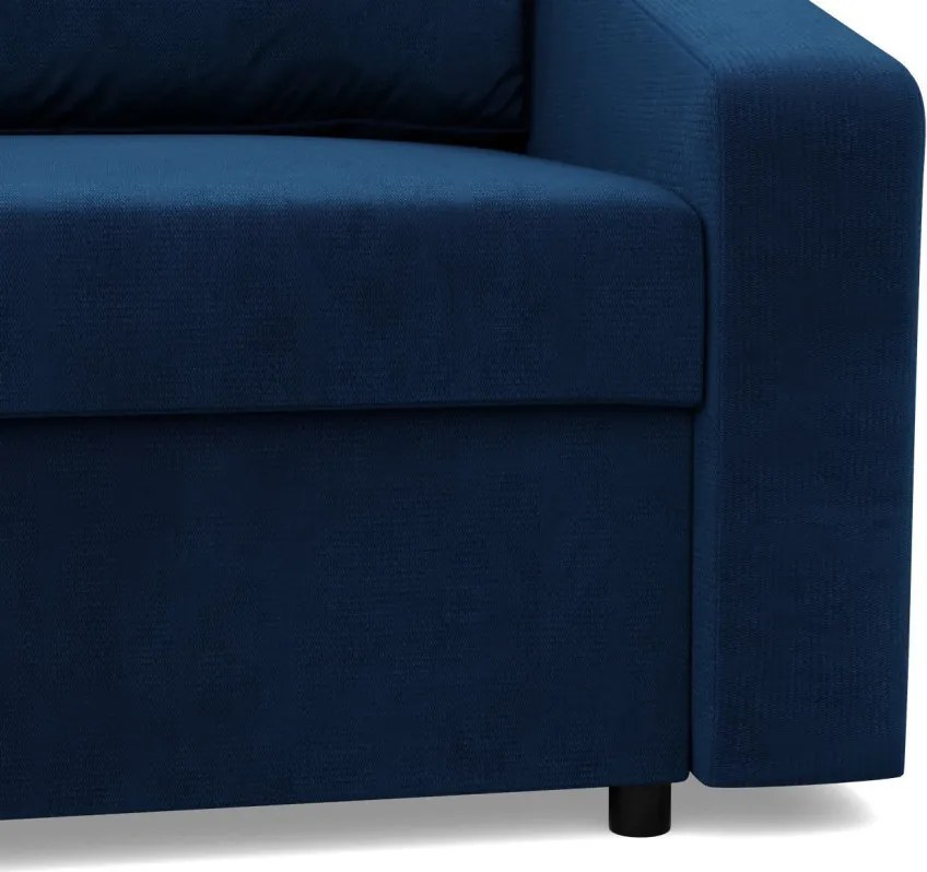 Zeus sarokkanapé, 2 ágyneműtartóval, döntött kartámasz, bársony, univerzális oldal, hab töltet, kék