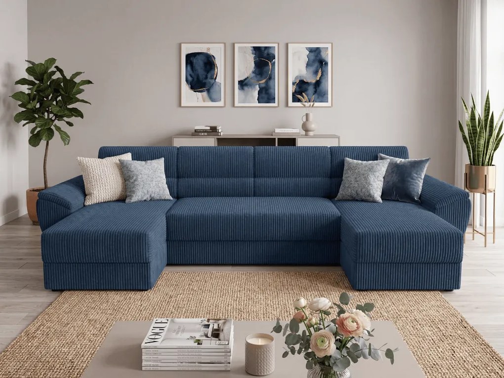 Kinyitható U alakú ülőgarnitúra TAVERO 321x140 cm, sötétkék