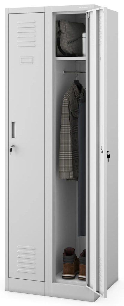 Pléh öltözőszekrény talpazaton, négymodulos, polcokkal KACPER II, 600 x 1800 x 500 mm, szürke