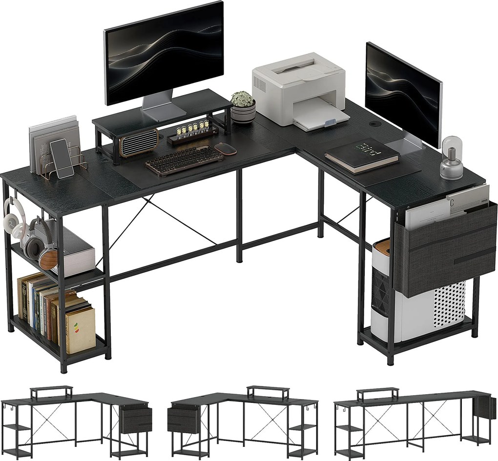 HOMCOM forgatható moduláris sarokíróasztal tárolóval, 168–240 cm, ipari fekete — állítható polcok, tárolózseb és monitoremelő | Aosom