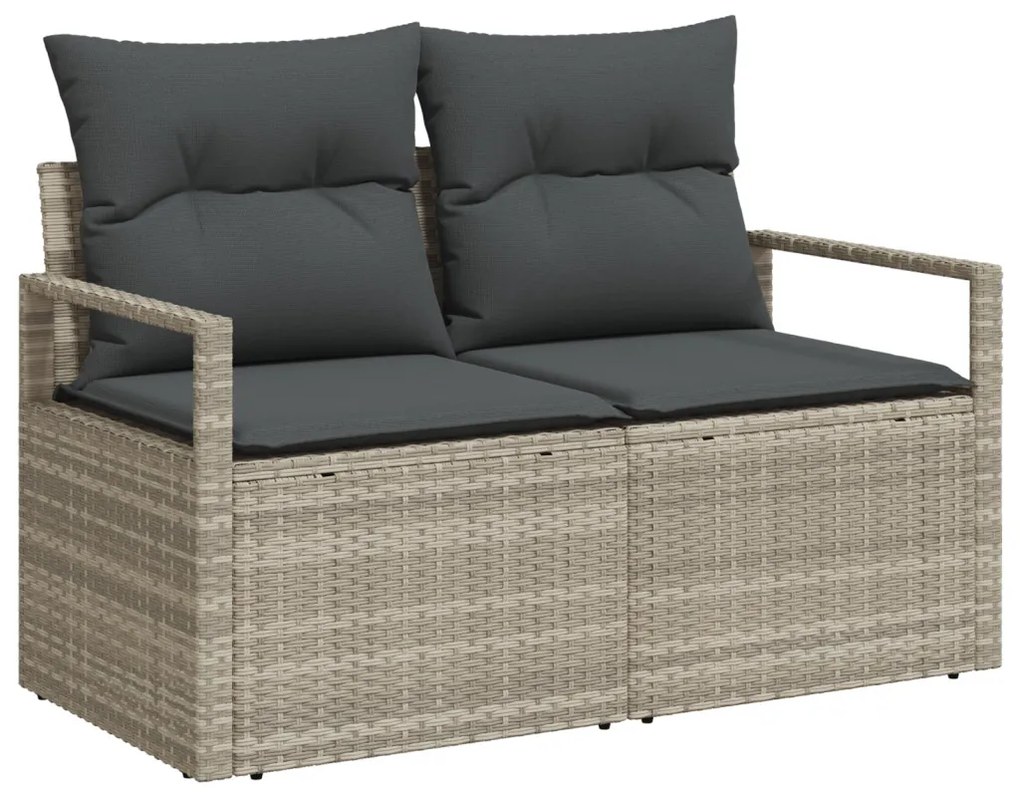 6 Részes Kerti Sofa Készlet Párnákkal Világosszürke Poli Rattan, 2-Személyes Kerti Sofa Tárolóval és Párnákkal Szürke Poli Rattan