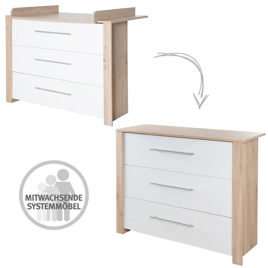 Fehér-natúr színű alacsony gyerek komód pelenkázó feltéttel, tölgyfa dekorral 112x98 cm – Roba