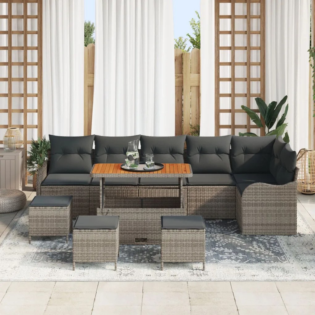 9 darabos Kert Sofa Szett Párnákkal Szürke Poli Rattan Akáciával, 2-Fős Kert Sofa Párnákkal Szürke Poli Rattan, 3 darabos Kert Étkező Szett Párnákkal Szürke Poli Rattan Akáciával