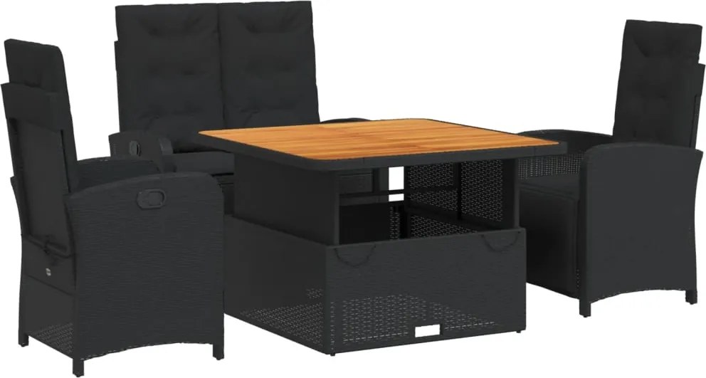 vidaXL 4 részes fekete polyrattan kerti étkezőszett párnákkal