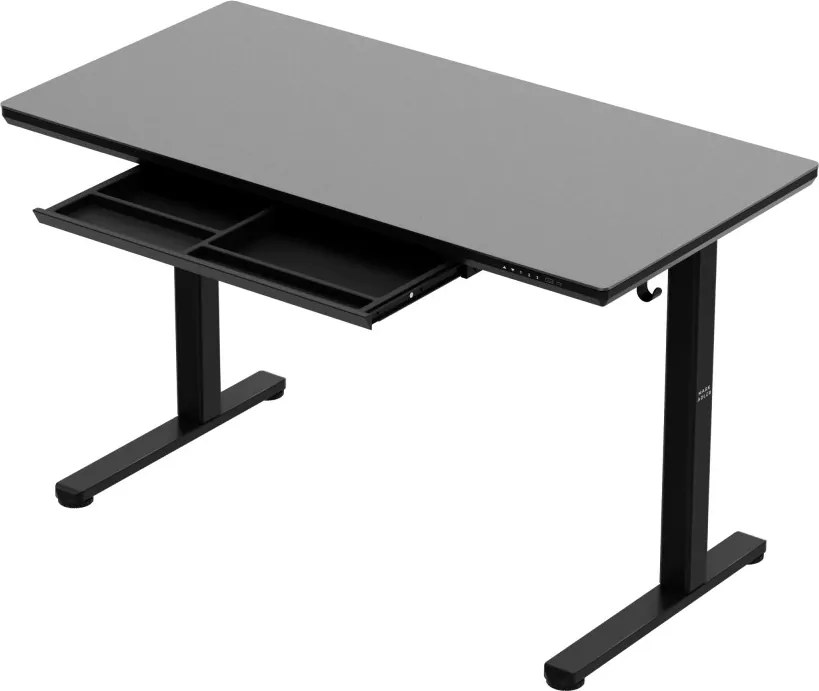 Állítható magasságú íróasztal, 120 x 60 cm, fejhallgatótartóval, üveglappal fekete