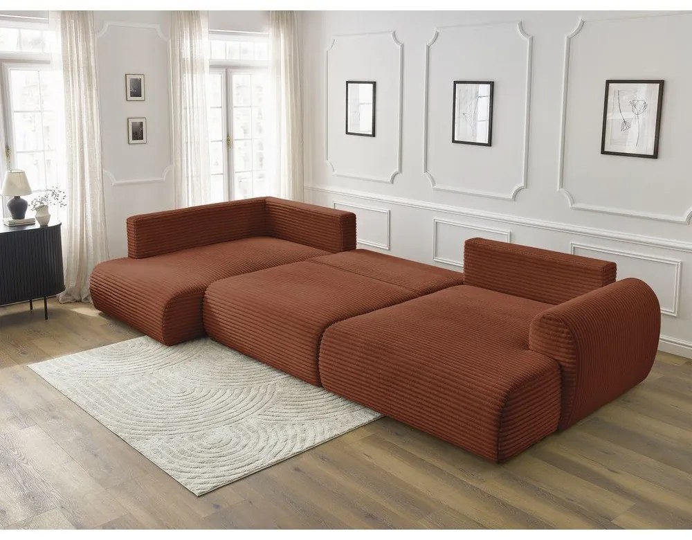 Téglavörös kordbársony kinyitható sarokkanapé (jobb oldali-U alakú) Lucien – Bobochic Paris