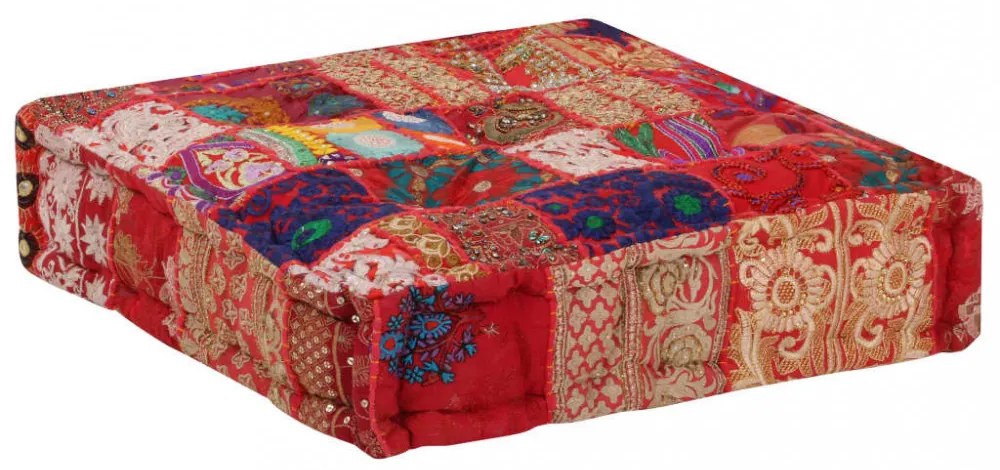 kézzel készült piros pamut patchwork kocka puff 50x50x12 cm