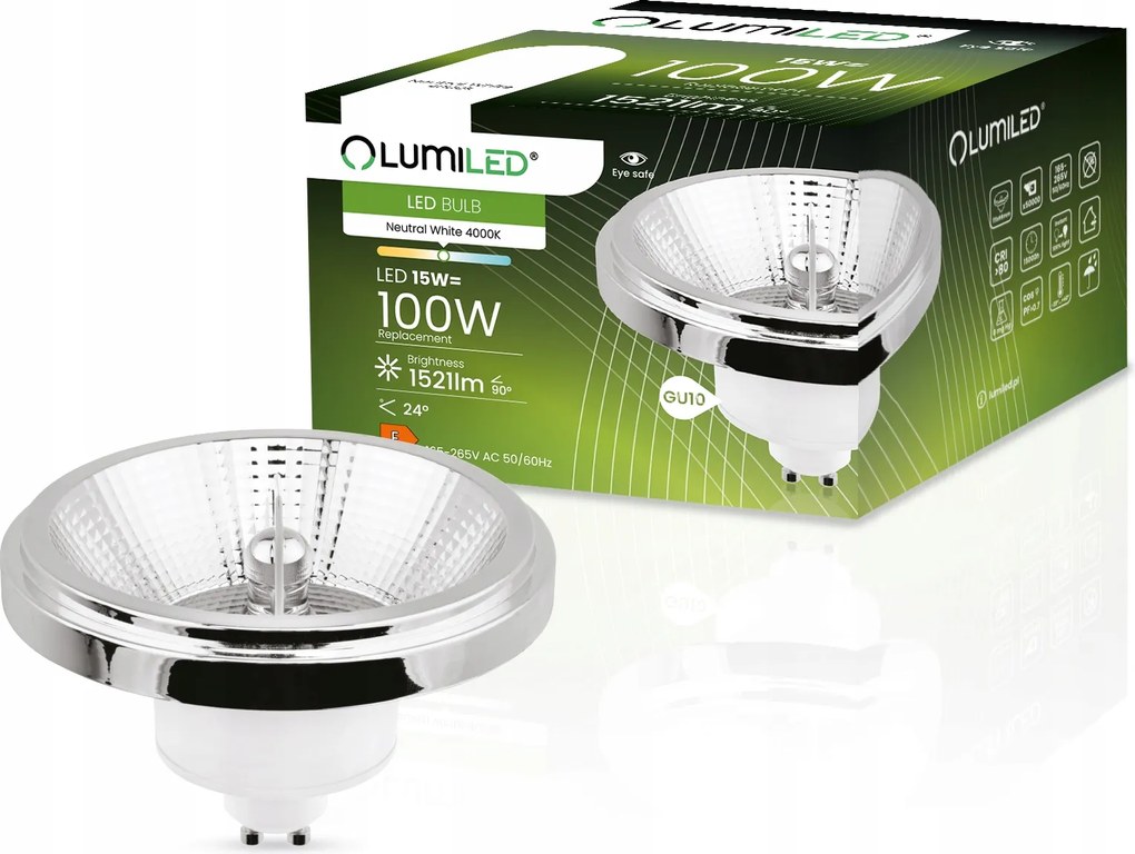 Led izzó AR111 ES111 GU10 15W 100W 4000K Semleges 24° Ezüst Lumiled