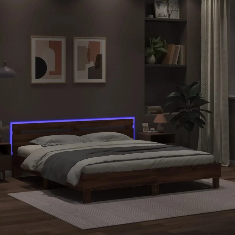 barna tölgy színű ágykeret fejtámlával és LED-del 180 x 200 cm