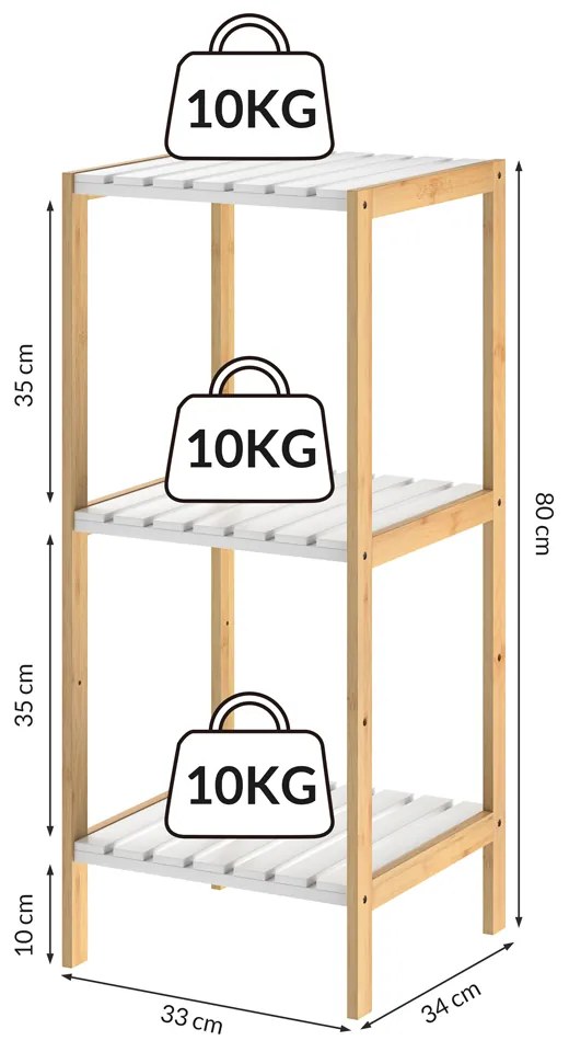 Casaria® Bambusz polc 80x33x34cm - fehér