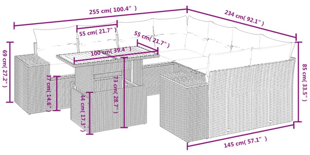 9 részes fekete polyrattan kerti ülőgarnitúra párnákkal