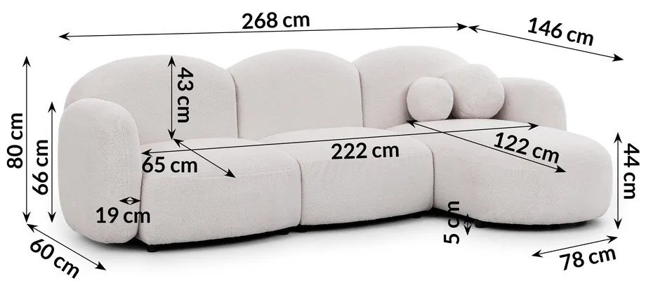 Krémszínű buklé sarokkanapé (jobb oldali-heverő résszel) Orbit – Ropez