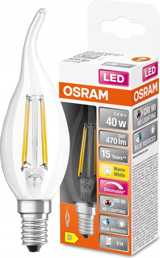 Led izzó E14 3,4W 2700K CRI90 Tompítható Láng Gyertya Osram