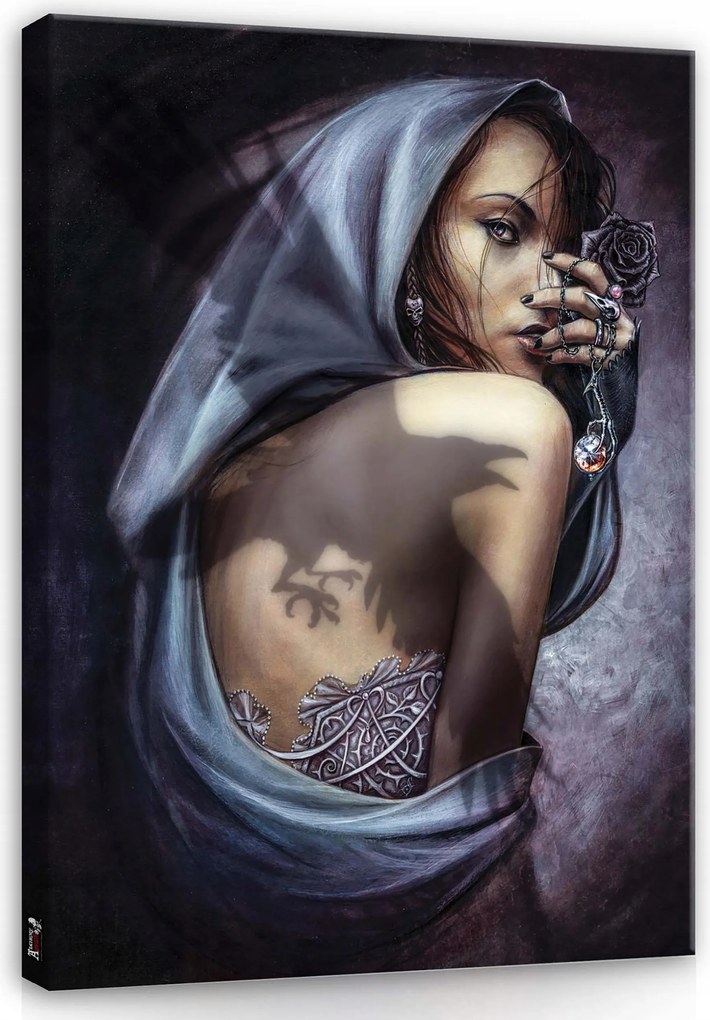 Vászonkép 60x80 Nő titokzatos fekete rózsa árnyék tetoválás misztikus melankólia