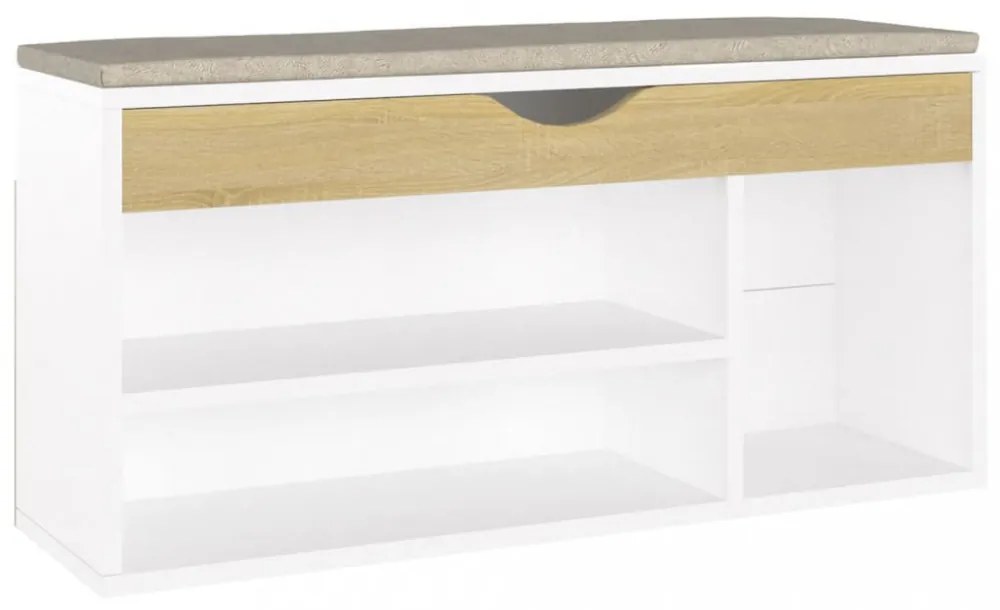 fehér és sonoma tölgy színű cipőtároló pad párnával 104x30x49cm