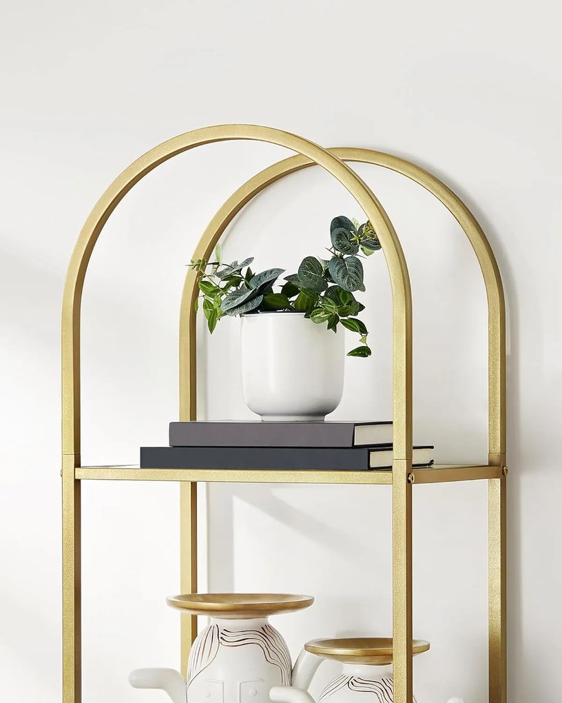 Könyvespolc, 5 szintes íves üveg tároló polc, arany színű