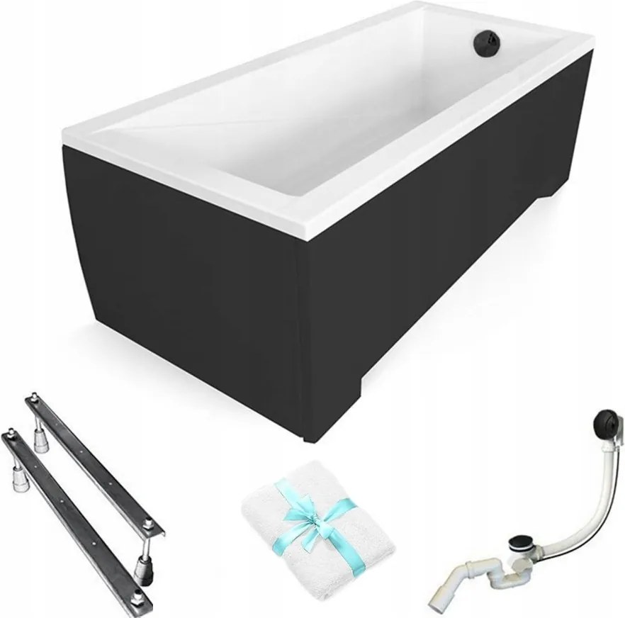 Téglalap alakú kád fekete burkolattal Modern 180x80 Besco szifon fekete lábakkal