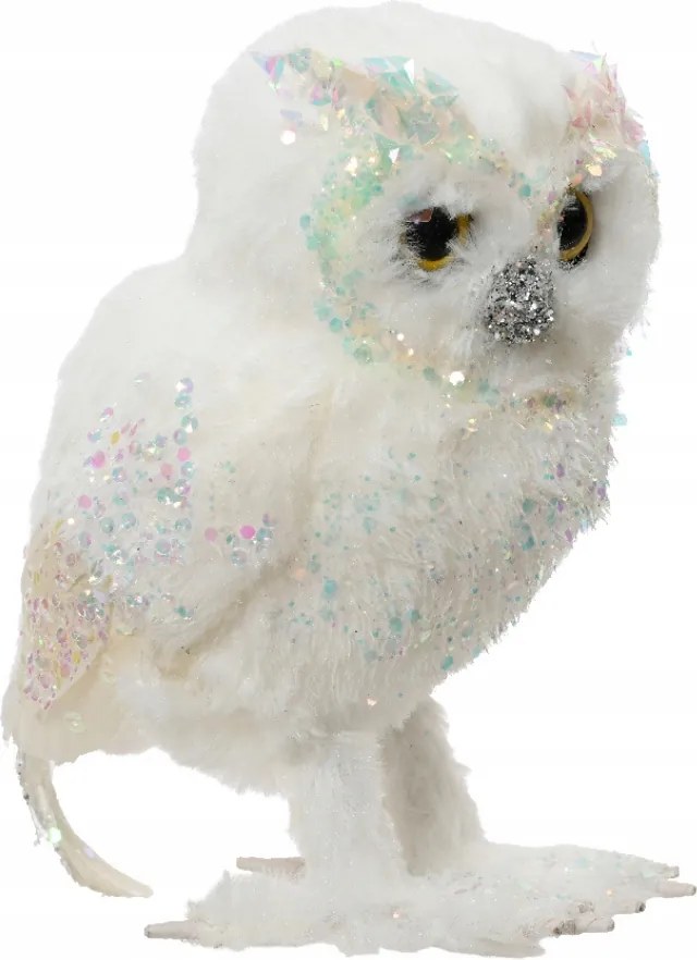 Bagoly Micimackó álló fehér csillámos dekorációs 15cm