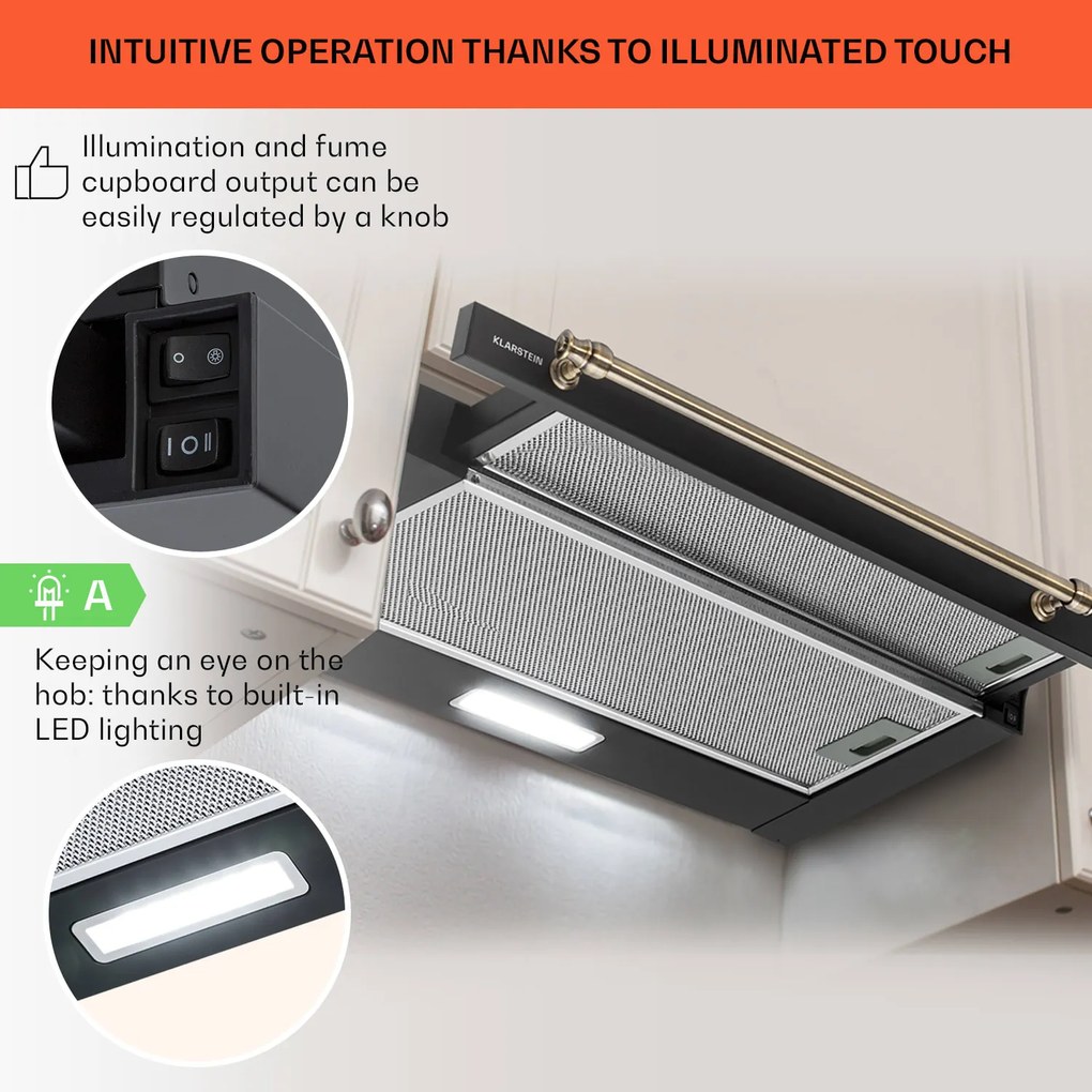 Klarstein Vilhelmine 60 Retro, laposképernyős páraelszívó, B energiahatékonysági osztály, fúvott levegő áramlás: 332 m³/ó bővítési lehetőséggel