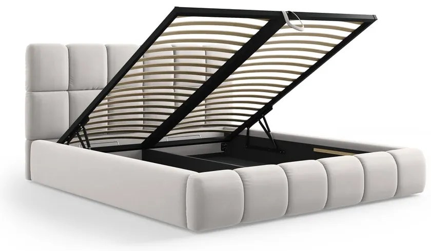 Világosszürke bársony kárpitozott ágyneműtartós franciaágy ágyráccsal 160x200 cm Bellis – Micadoni