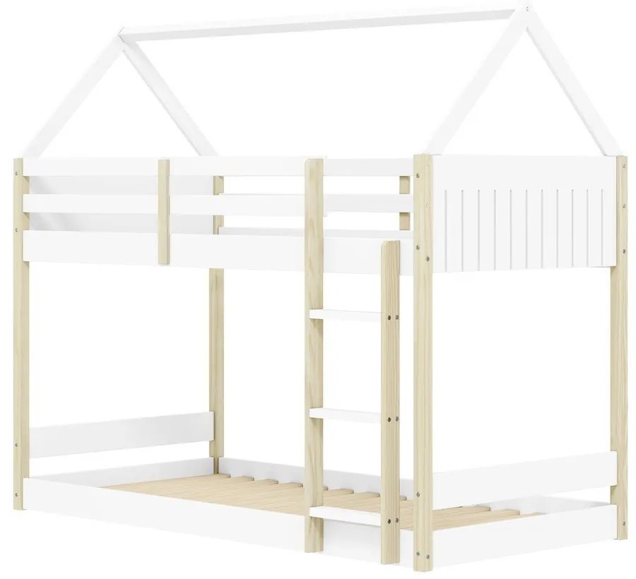 Fehér-natúr színű házikó alakú emeletes gyerekágy 90x190 cm Valka – Marckeric
