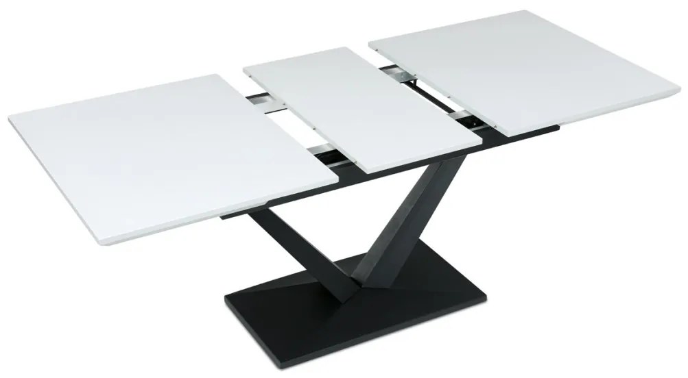 Masă de sufragerie, 140+40x85, cu blat MDF alb mat, picioare metalice negre.