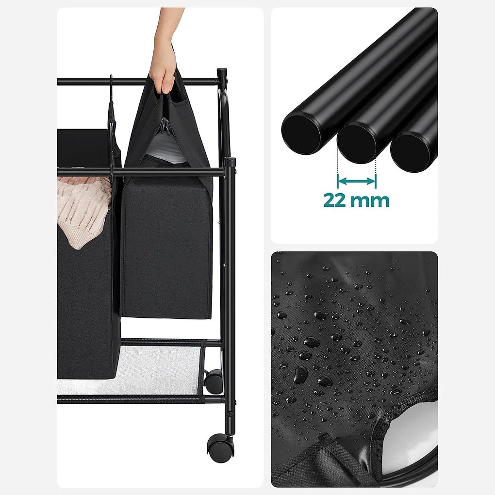 Szennyeskosár görgőkkel 4 x 35L, 4 kivehető táskával, fekete
