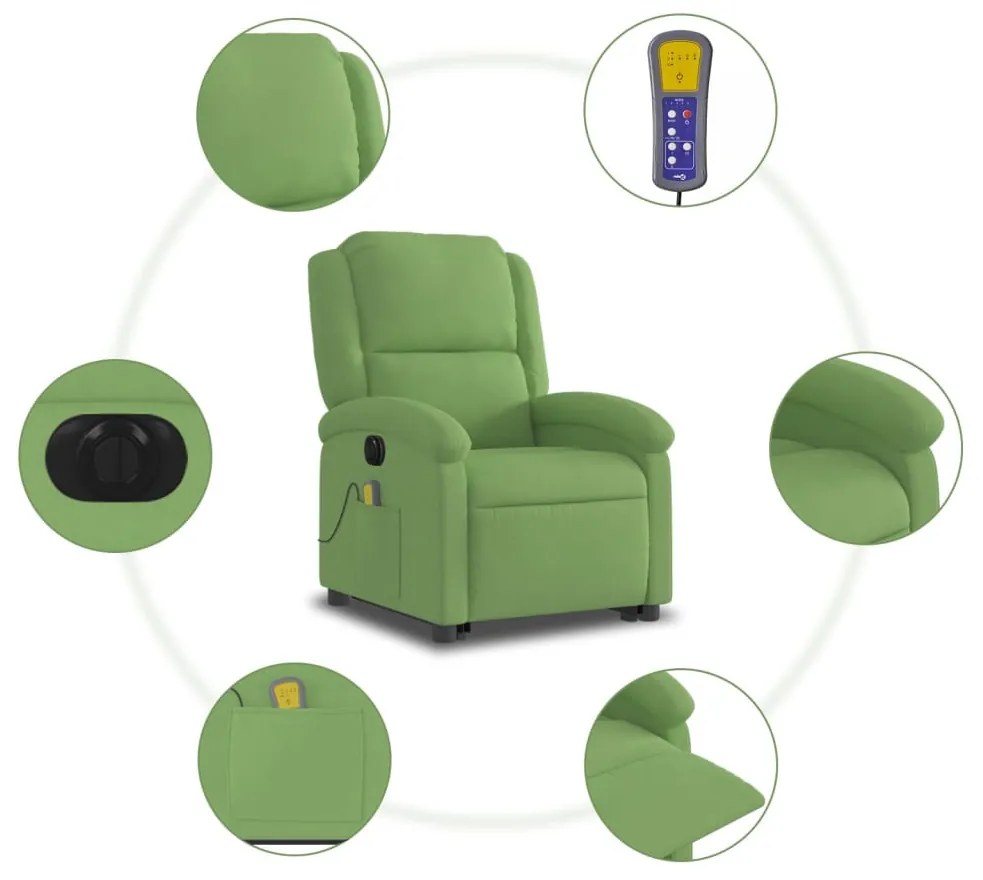 elektromos felállást segítő világoszöld bársony masszázsfotel