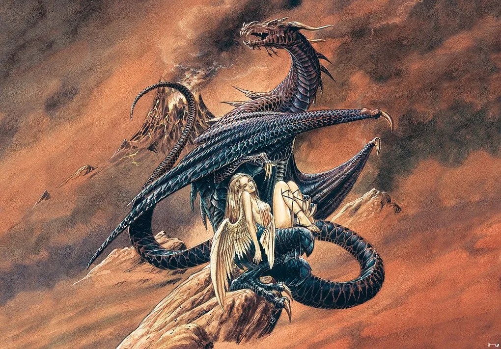 Flizelin fotótapéta 368x280 Sárkány őrzi a lányt a vulkán hátterében +ragasztó