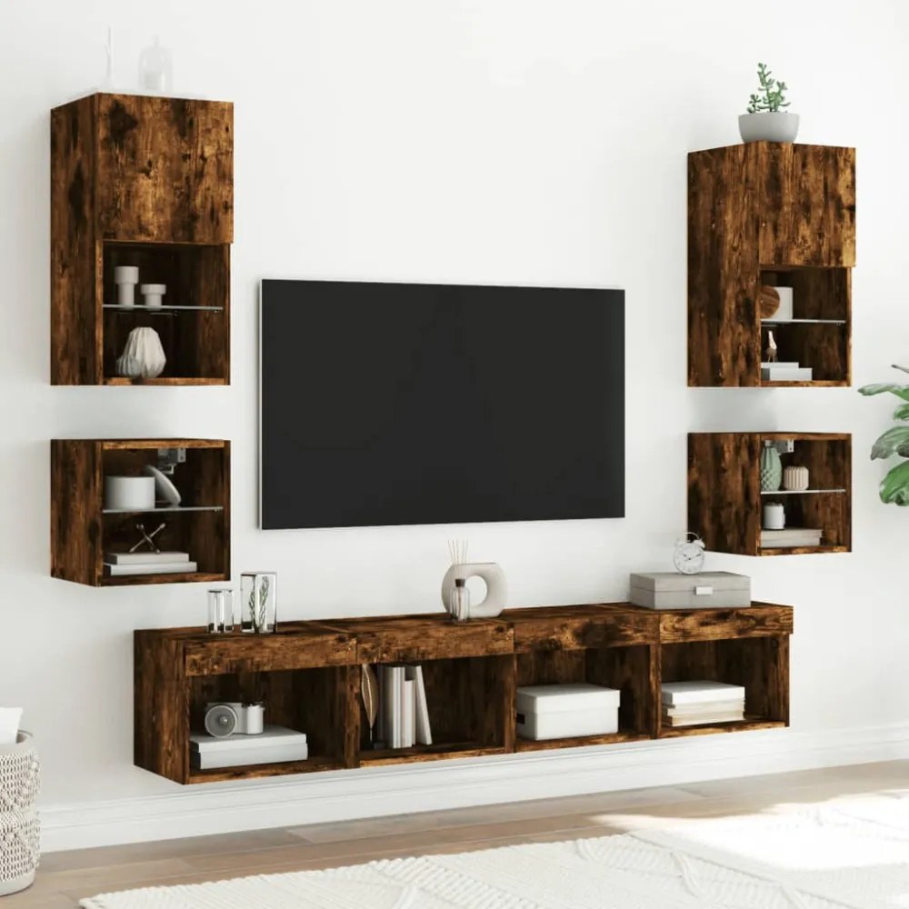 2 db füstös tölgy fali TV-szekrény LED-ekkel 30 x 28,5 x 30 cm