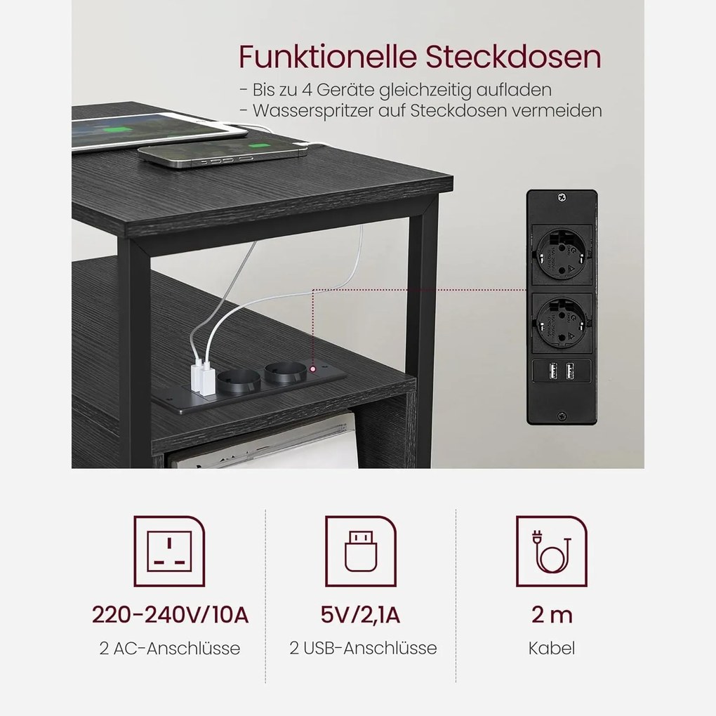 Éjjeliszekrény elosztóval és usb porttal, kis asztal 2 fiókkal, antracitszürke