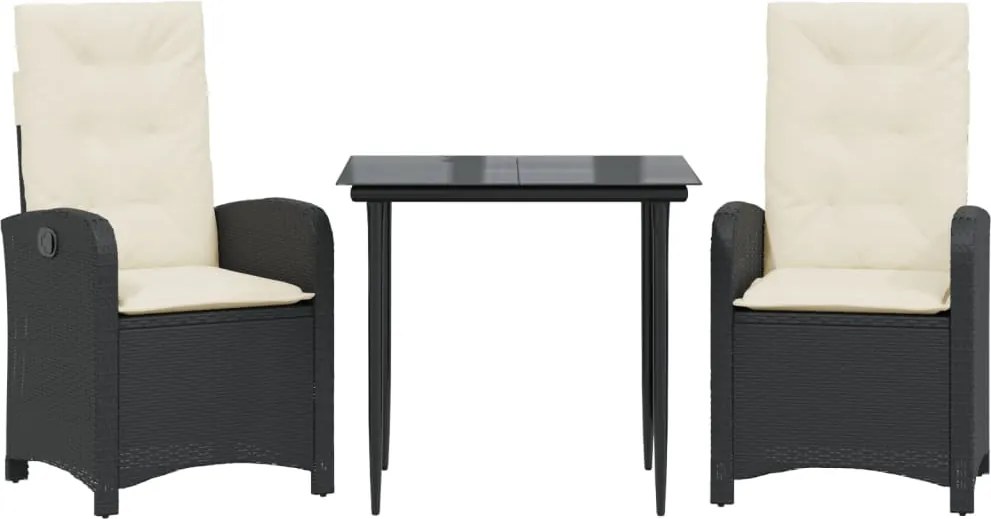 vidaXL 3 részes fekete polyrattan kerti étkezőgarnitúra párnákkal