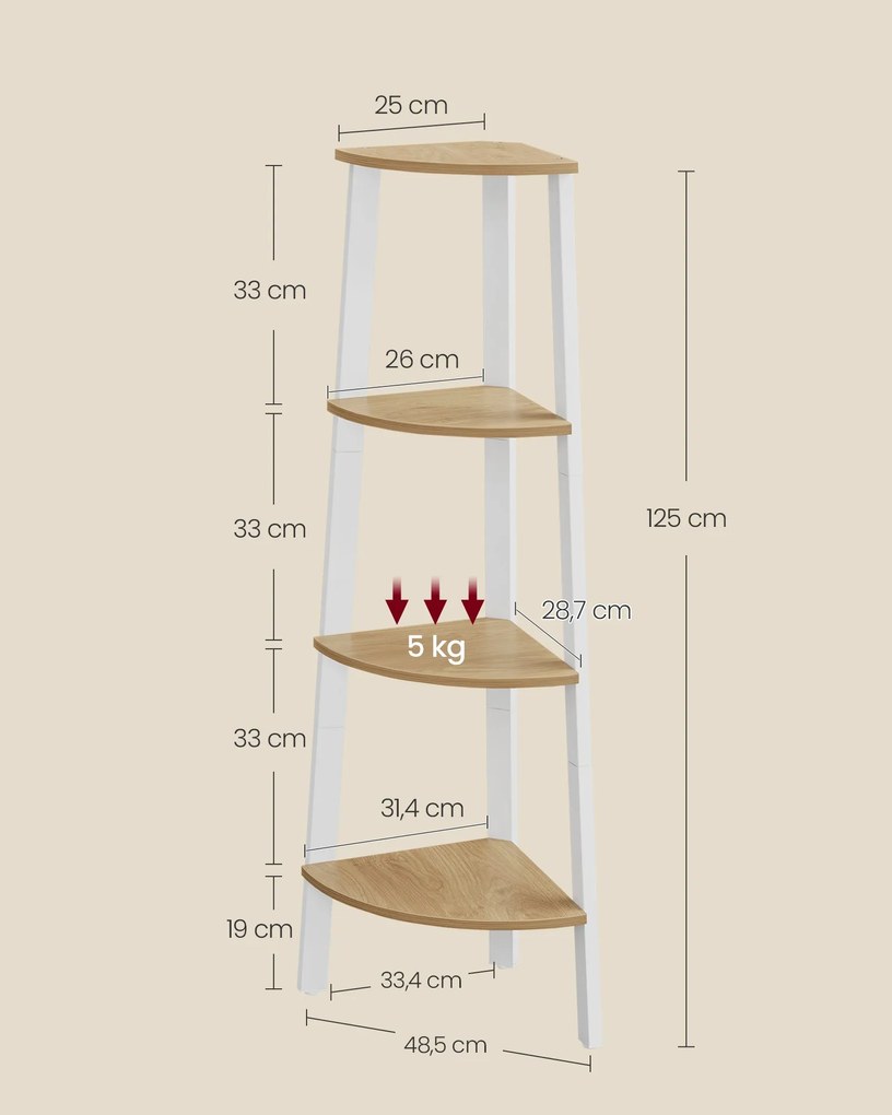 Sarokkönyvespolc, 4 szintes létrás polc 33×33×125 cm, natúr - fehér színben