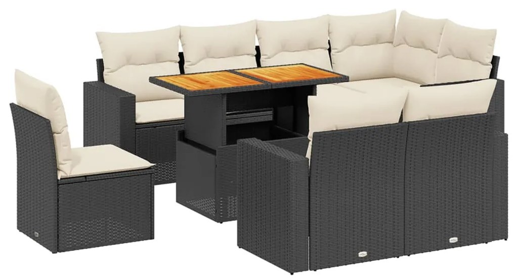 9 részes fekete polyrattan kerti ülőgarnitúra párnákkal