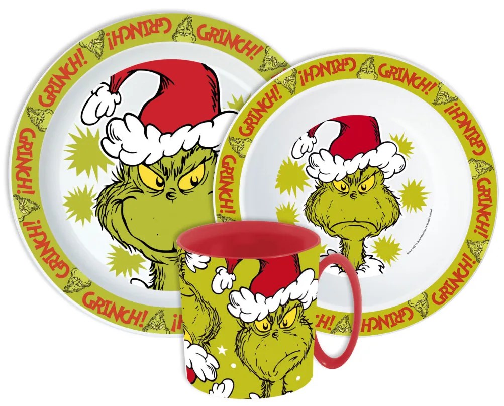 A Grincs Christmas Mischief étkészlet, micro műanyag szett bögrével 390 ml